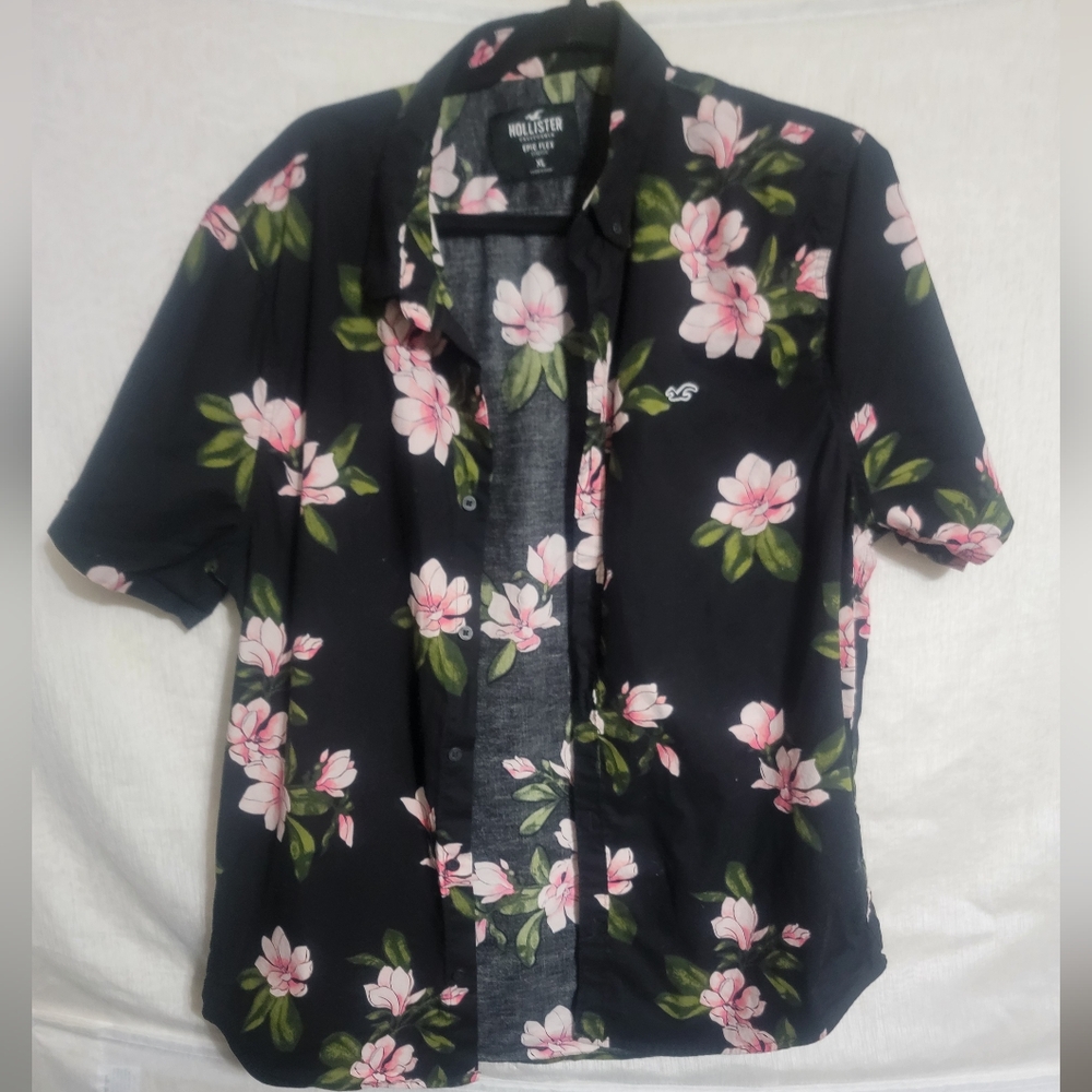 Hollister Extra Flex Black Shirt with Pink Floral Design